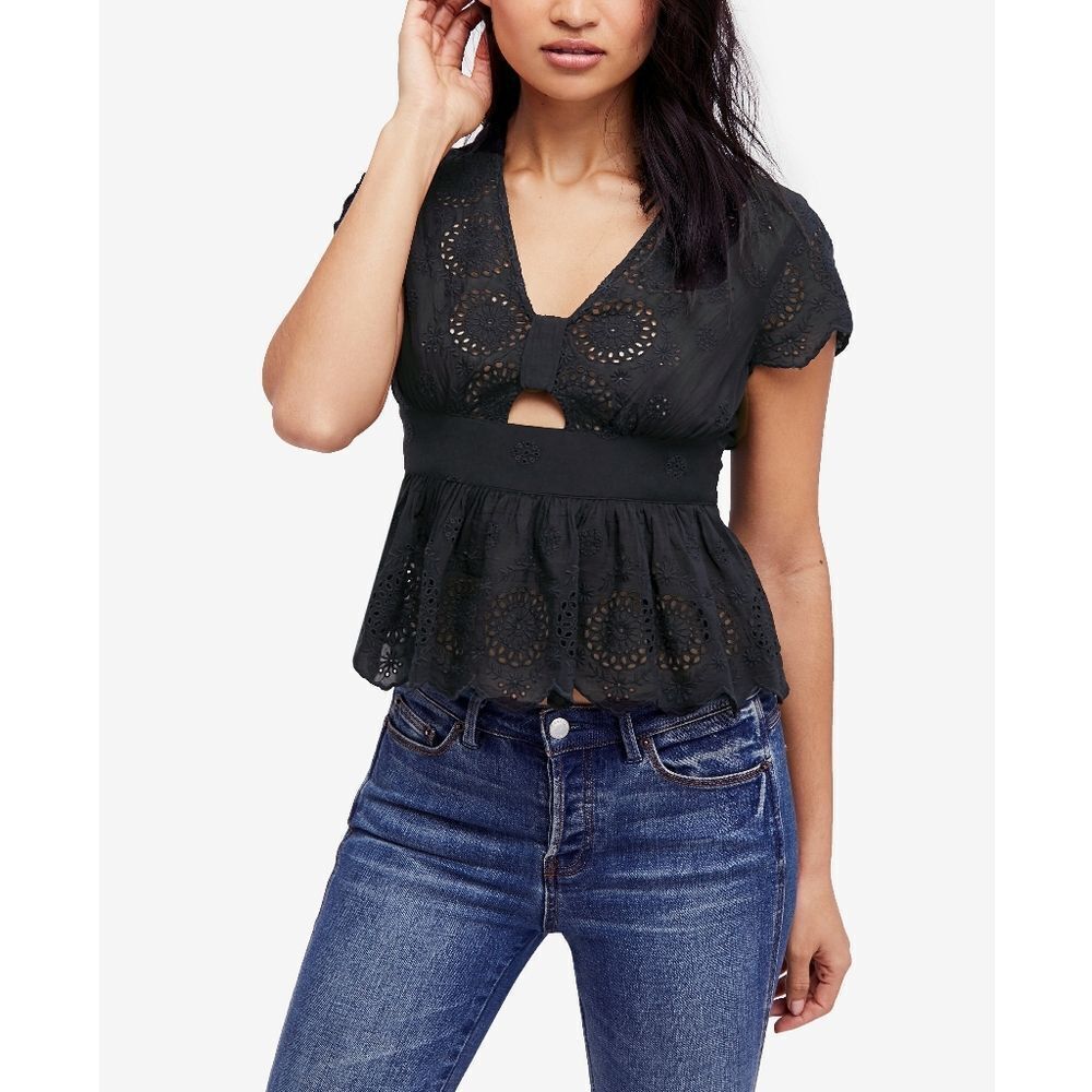 New! FREE PEOPLE Cutout Eyelet Black Top With Peplum Short Sleeve Size Small